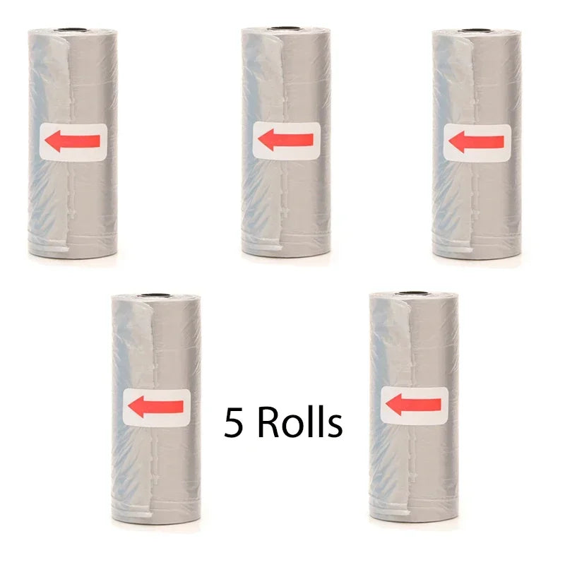 Five rolls of reusable pet poop bags with red arrows indicating direction.