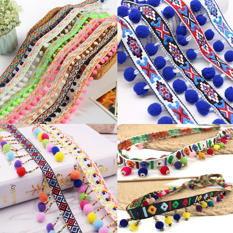 Colorful pearl pom pom fringe lace trim for sewing and DIY crafts in various colors