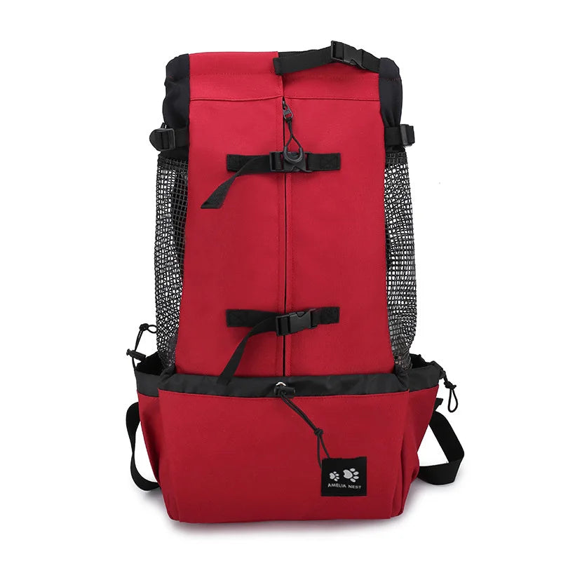 A red breathable dog backpack carrier designed for small and medium dogs.