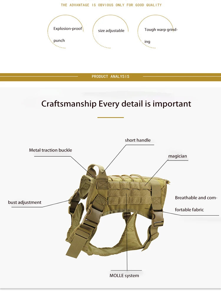 A tactical dog harness featuring a vest design with adjustable features and a MOLLE system.