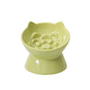 A light green ceramic pet food bowl with a raised, slanted design.