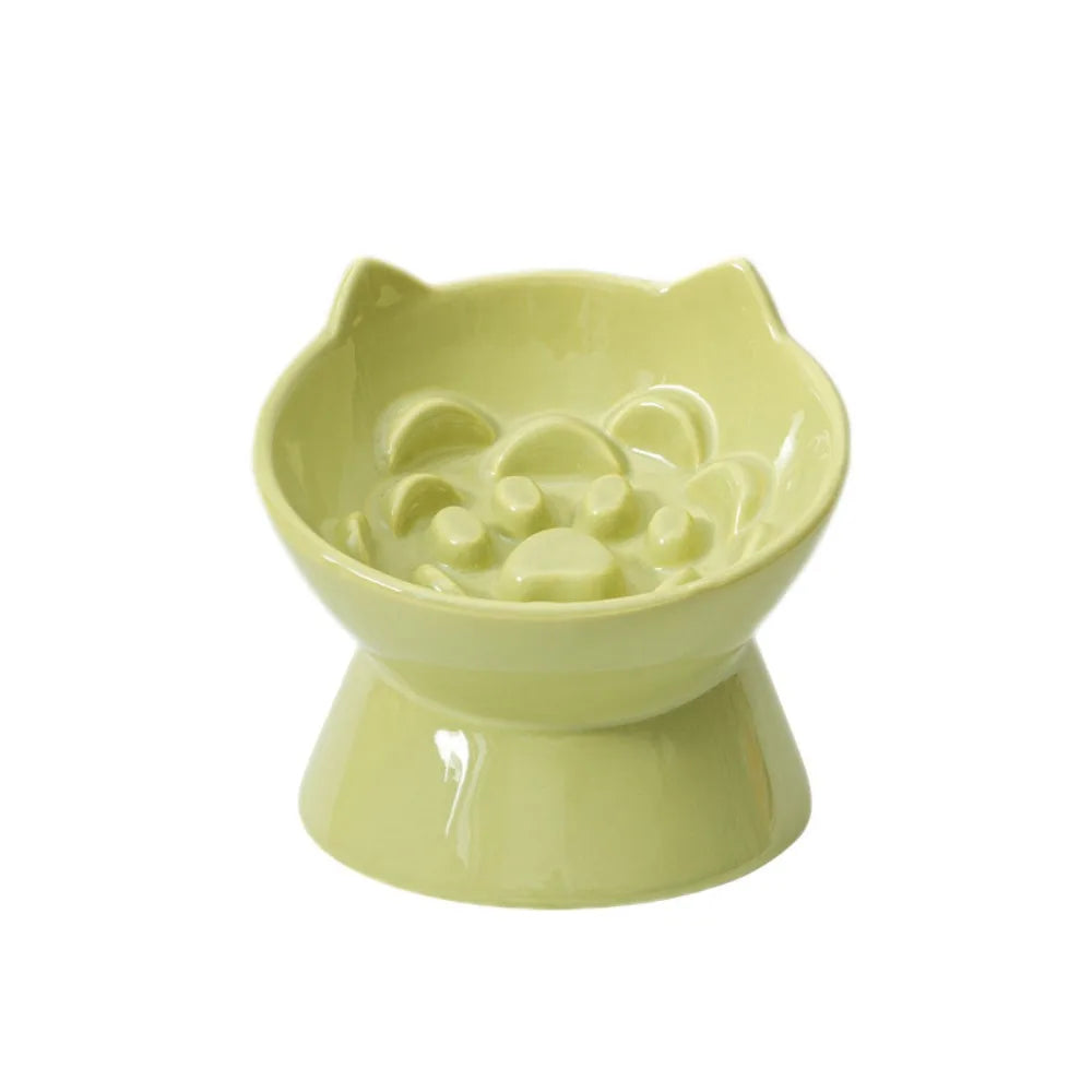 A light green ceramic pet food bowl with a raised, slanted design.