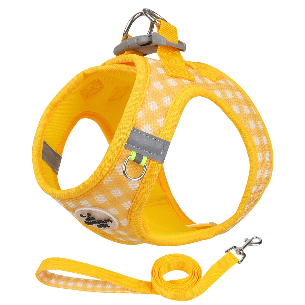 Yellow plaid pet harness with reflective strips for small dogs and cats