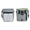 Gray hands-free dog training treat pouch with a black belt clip and mesh pocket