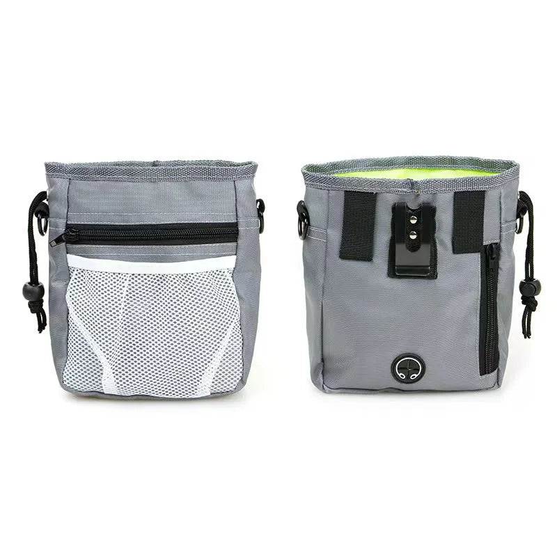 Gray hands-free dog training treat pouch with a black belt clip and mesh pocket