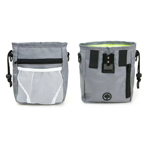 Gray hands-free dog training treat pouch with a black belt clip and mesh pocket