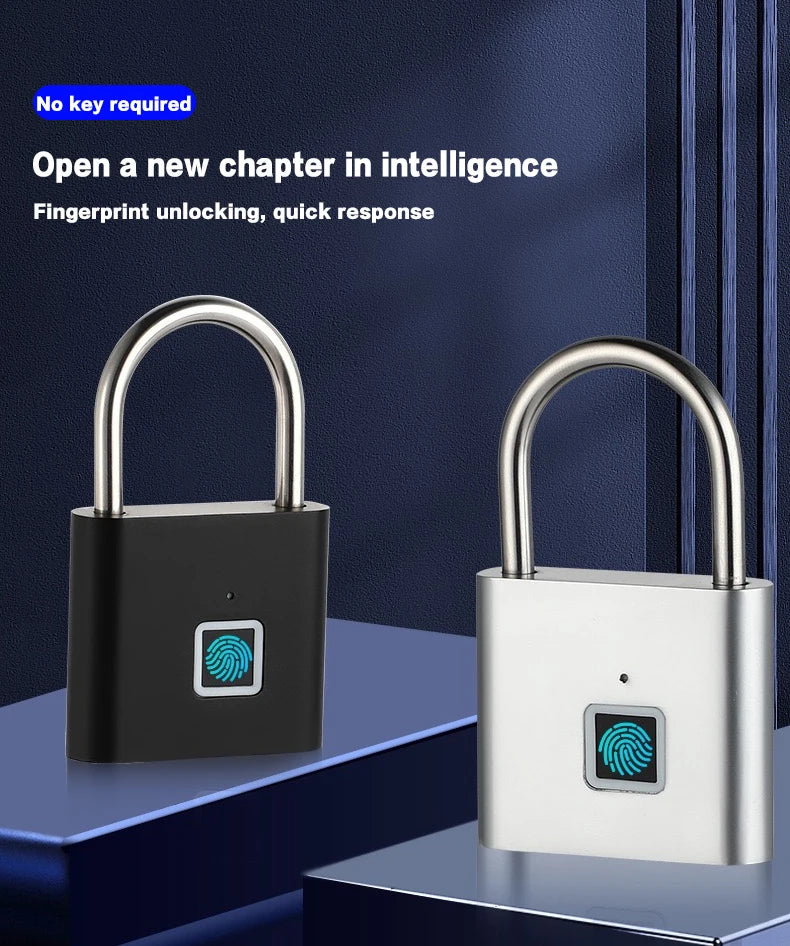 A black and silver biometric fingerprint padlock is shown against a dark blue background.