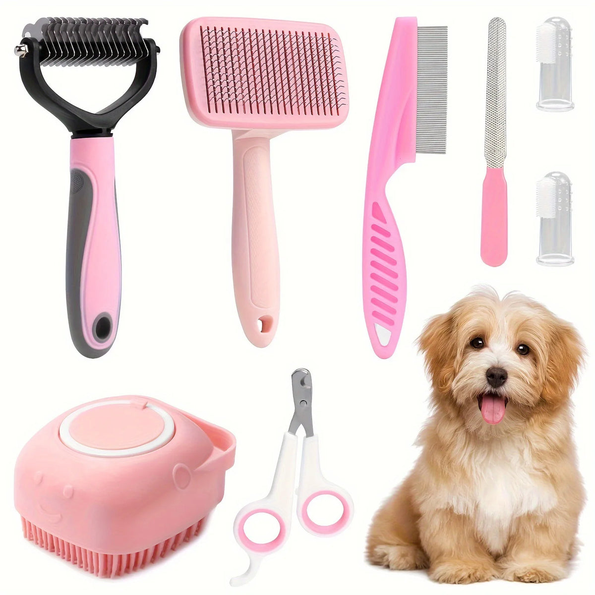 Pinkes Haustier-Grooming-Set mit Bürste, Kamm und Nagelscheren neben einem Golden Retriever.
