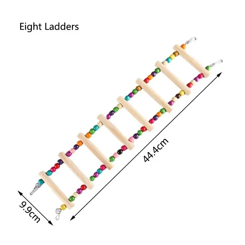 Eight natural wood ladders with colorful balls used as a parrot climbing and swing toy