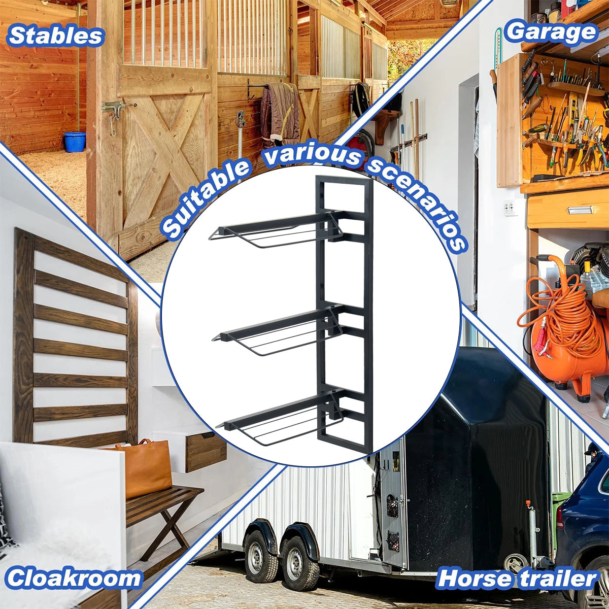 A black 3-tier wall-mounted saddle rack shown in various contexts including stables, a garage, a cloakroom, and on a horse tr