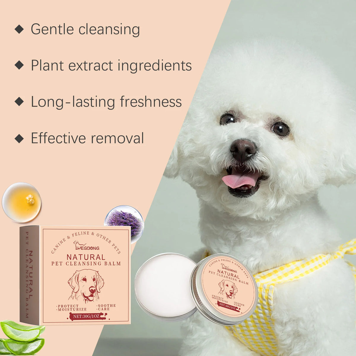 A fluffy white dog looks happy while a jar of natural pet cleansing balm is displayed next to it.
