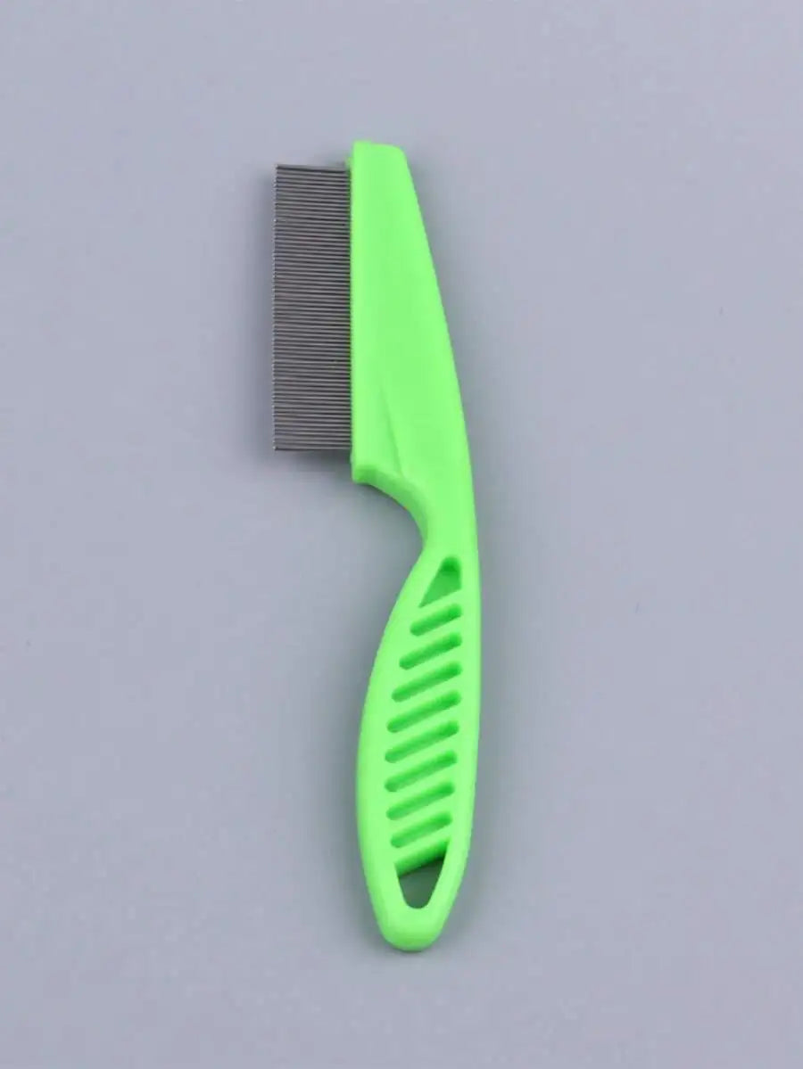 A bright lime green fine-toothed stainless steel pet grooming comb with a curved handle and serrated teeth.