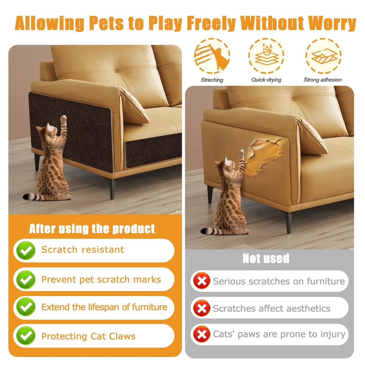 A cat is playing on a leather sofa protected by a self-adhesive mat designed to prevent scratches and extend furniture lifesp
