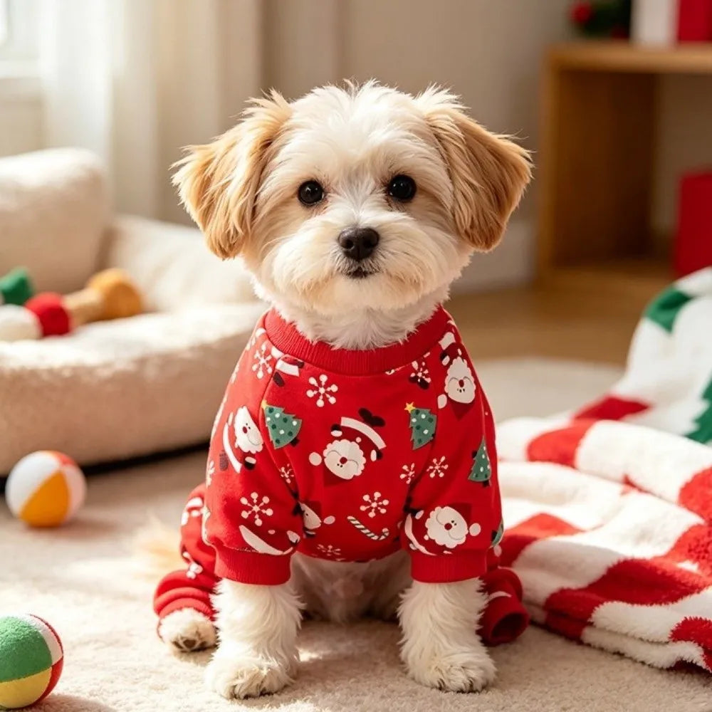 A small white dog wearing a red fleece pajama with a Santa Claus print sitting on a light carpet.