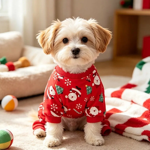 A small white dog wearing a red fleece pajama with a Santa Claus print sitting on a light carpet.