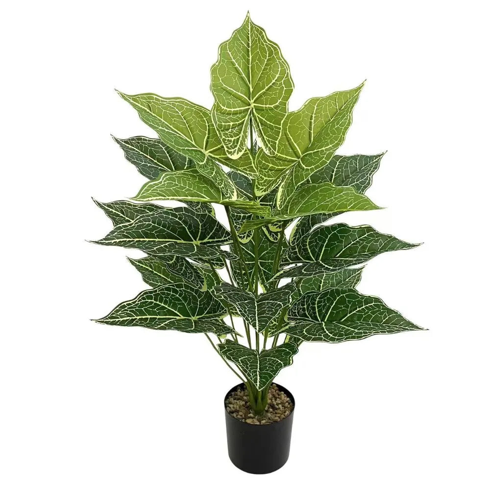 A bouquet of 24 artificial green monstera leaves used for plant decor.