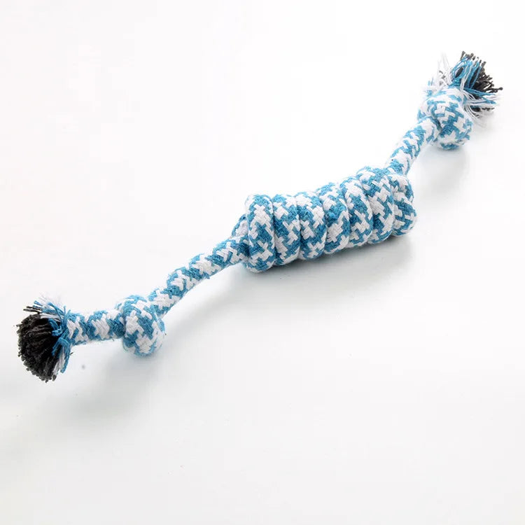A braided cotton rope chew toy for dogs in blue and white.