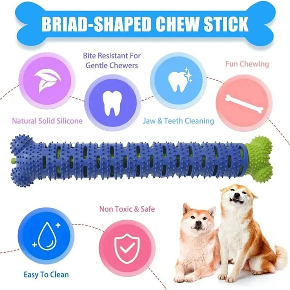 Blue braided chew stick for dogs featuring a bone shape and rubber bristles for dental cleaning