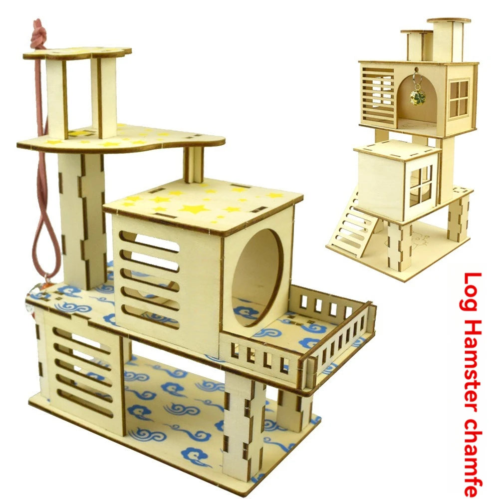 A wooden hamster cafe set featuring a platform, ladder, and nesting structure for hamsters.