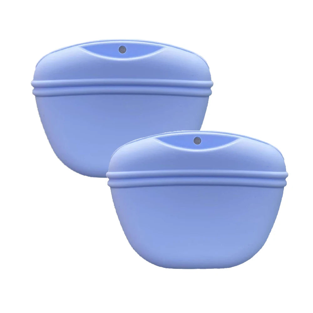 Light blue silicone dog treat pouch with a magnetic closure and waist clip