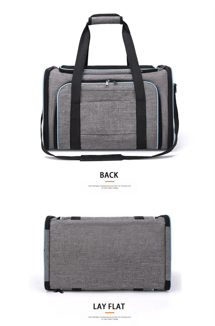 A gray foldable soft-sided pet carrier bag with black handles and light blue trim shown in two views.