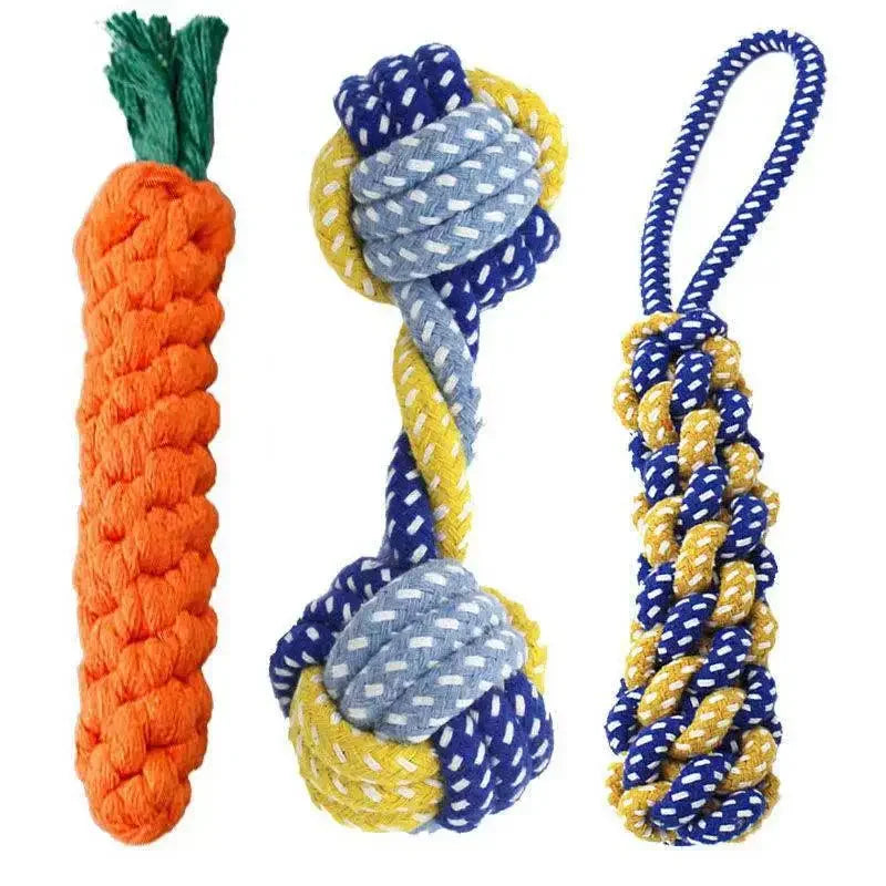 Interactive cotton rope dog toy set shaped like a carrot and dumbbell