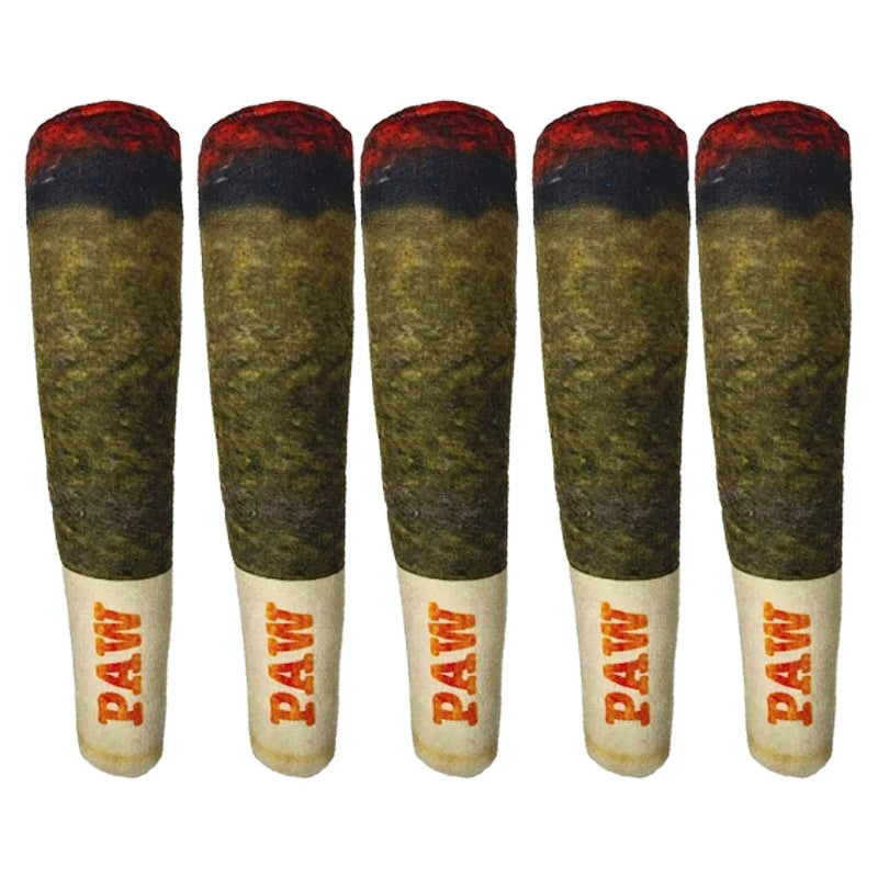 A set of five dark green and red cigar-shaped plush dog toys.