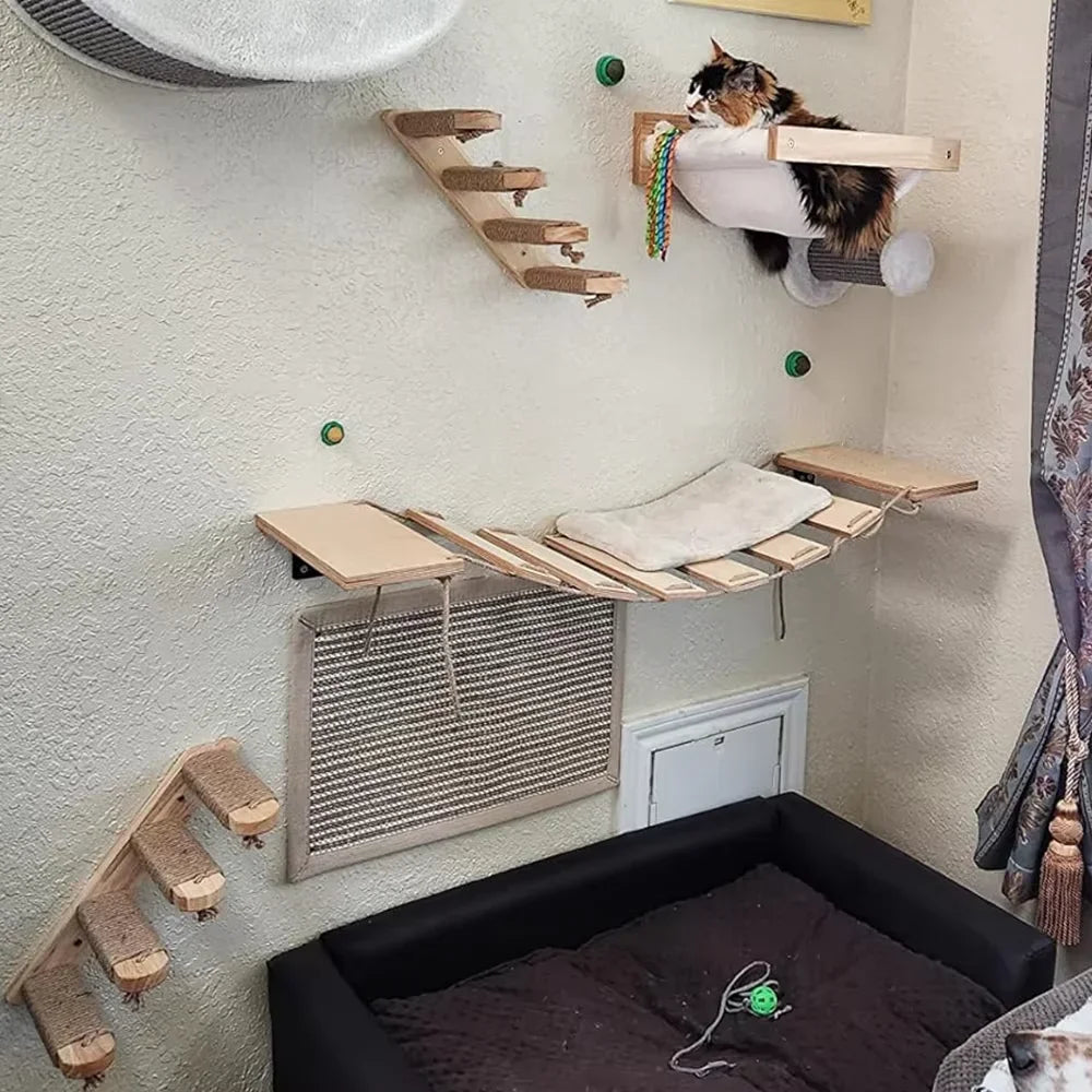 Wall-Mounted Wooden Cat Climbing Set with Sisal Scratching Post and Hammock