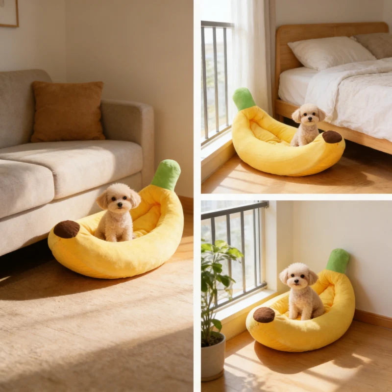 Un lit pour chien en forme de banane jaune avec des accents verts, montré pour un chien dans une pièce lumineuse.