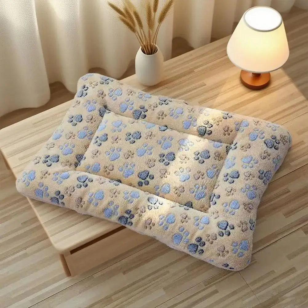 A beige and blue patterned plush double-sided pet blanket resting on a wooden surface next to a lamp.