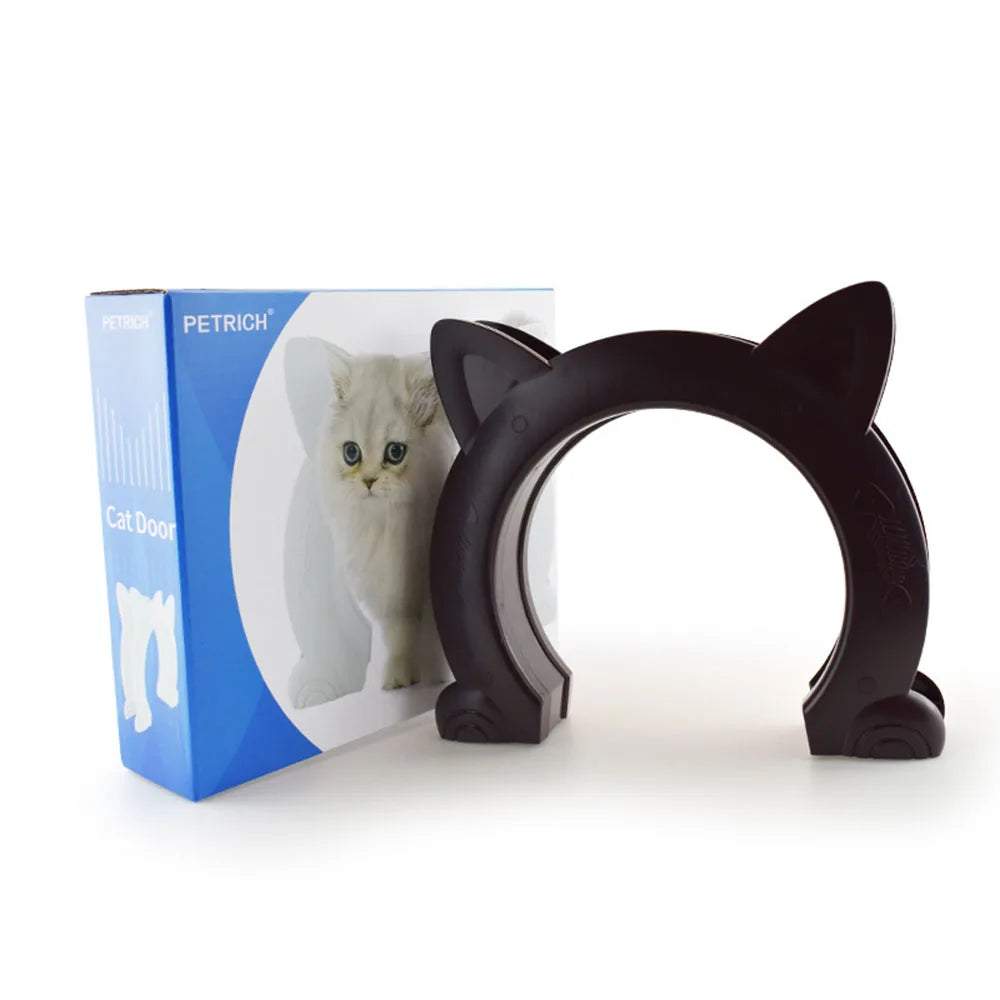 A black cat door with a clear flap is shown next to its packaging box.