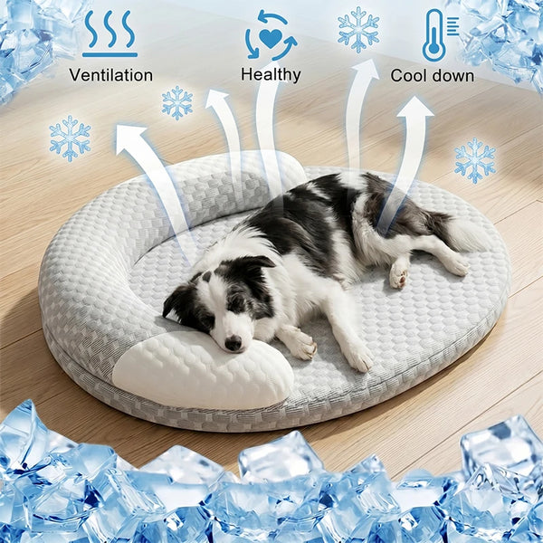 Alfombrilla para mascotas con íconos de ventilación, beneficios para la salud y enfriamiento.