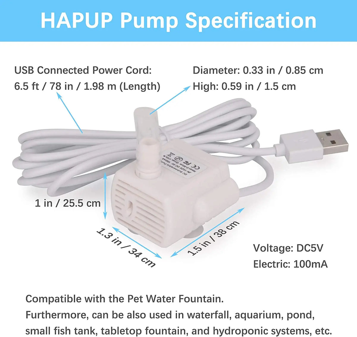 White USB connected water pump with specifications showing dimensions and power details