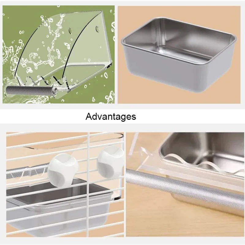 A stainless steel pet feeding bowl is shown in various forms, including a clear dispenser and a rectangular bowl with a silic