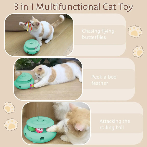 A 3 in 1 multifunctional cat toy shown in three uses: chasing butterflies, peeking at feathers, and attacking a rolling ball.