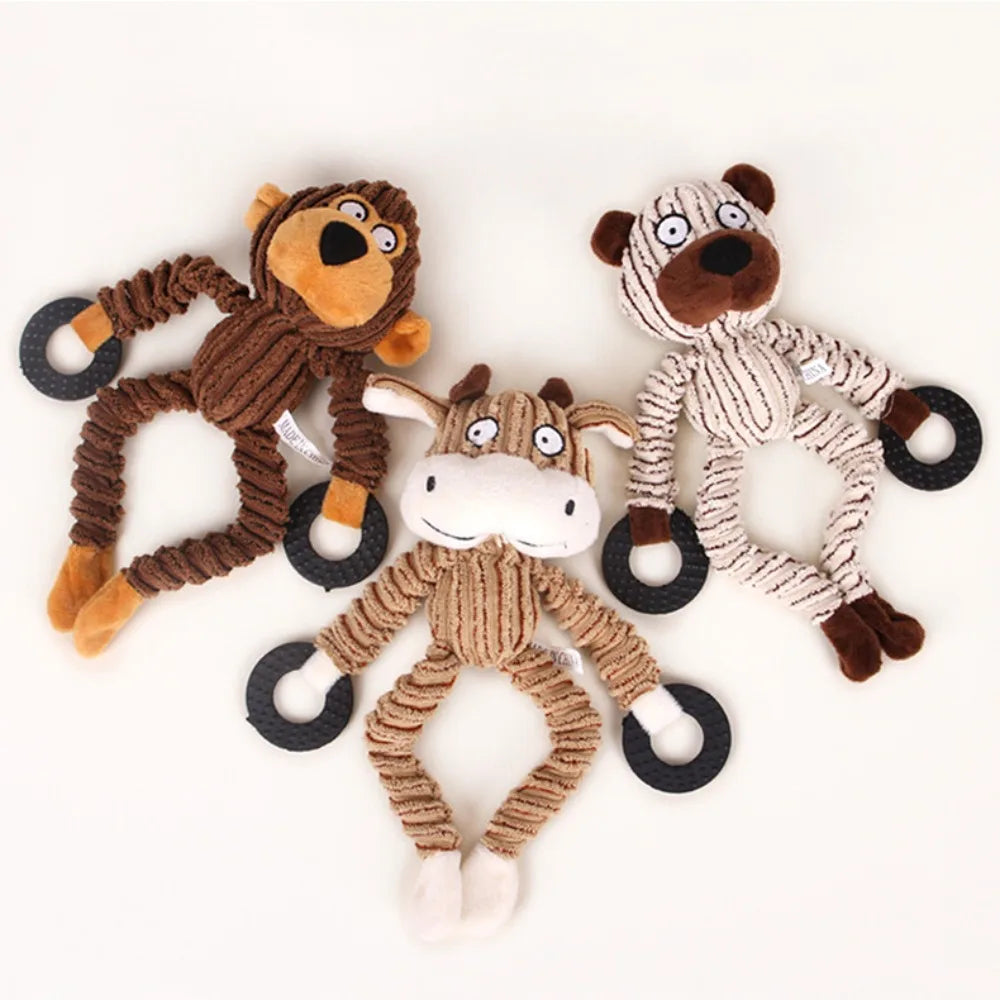 Three plush chew toys for dogs featuring cute cow, monkey, and bear designs.