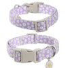 A light purple adjustable spring dog collar decorated with white flowers.
