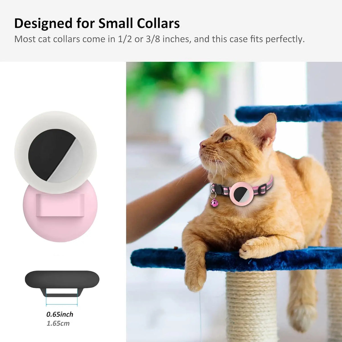 A silicone collar holder designed for small cat collars, shown with its components and a cat wearing the collar.