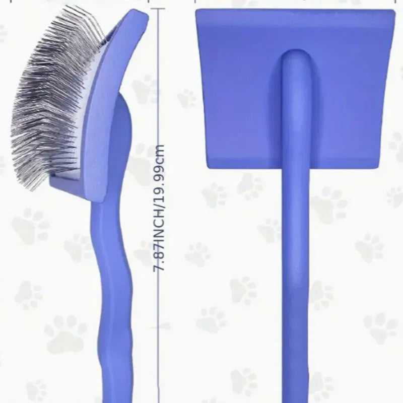 A purple ergonomic pet grooming rake with stainless steel teeth shown in profile view.