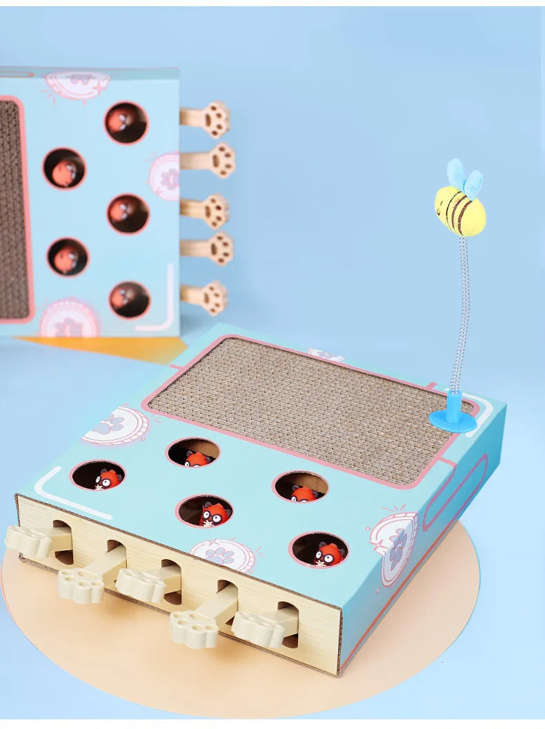 A light blue interactive whack-a-mole game featuring a wooden board with holes and a yellow bee figure.