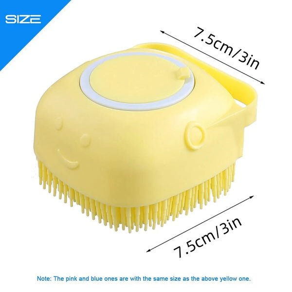Yellow pet grooming brush with a circular attachment for bathing and grooming.