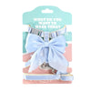 Light blue satin bowknot cat harness and leash set with a question prompt