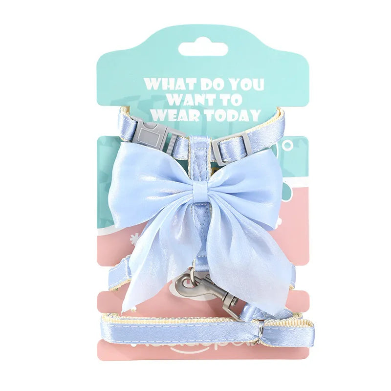 Light blue satin bowknot cat harness and leash set with a question prompt