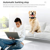 A golden retriever sits next to a woman who is looking at a laptop, demonstrating an automatic barking stop device.