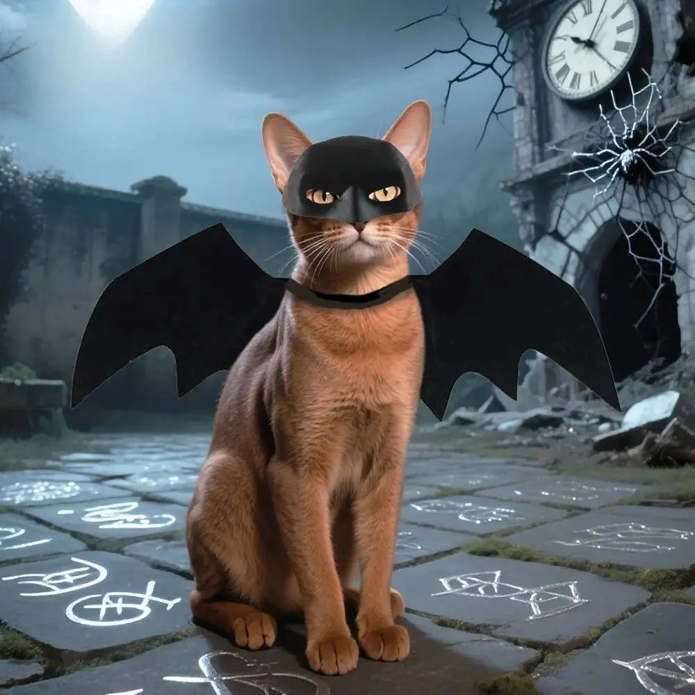 A tabby cat wearing a black bat mask and wings sitting on a stone path in a dark, foggy setting.