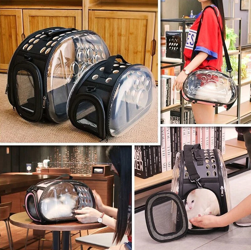 A transparent foldable pet travel carrier with a black shoulder strap is shown in various contexts.