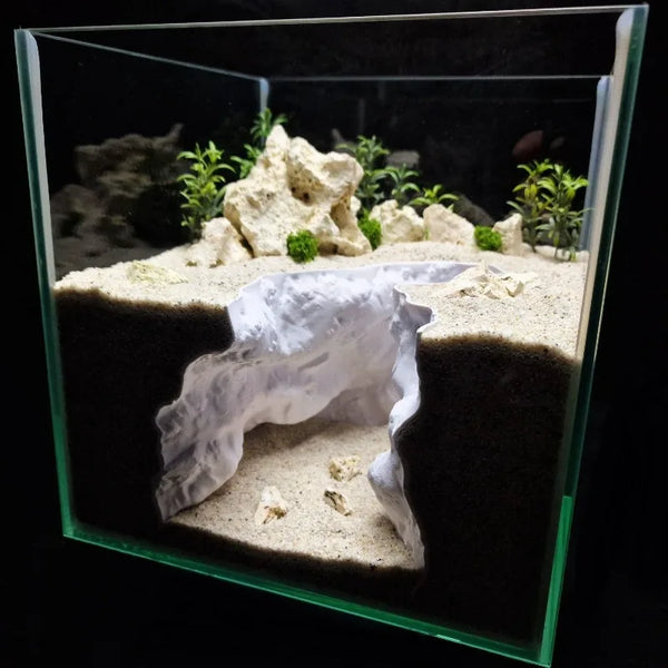 A clear glass aquarium features a natural terrain design with rock formations and white sculpted material.