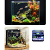 A clear glass aquarium featuring vibrant aquatic plants and fish, set against a dark background.
