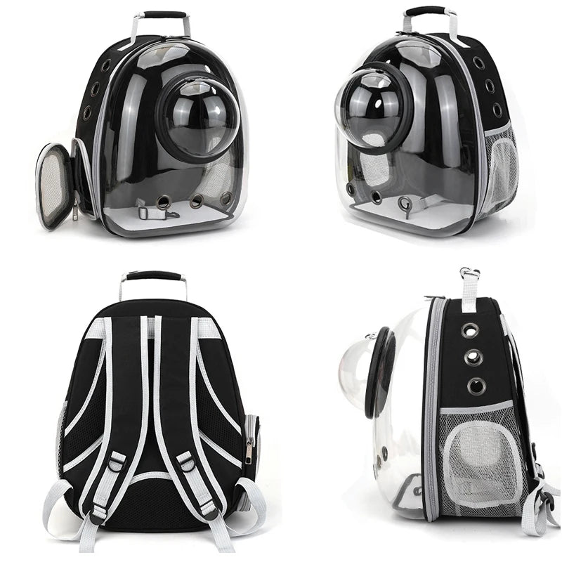 Sac à dos de transport pour animaux noir avec fenêtre transparente, vues sous plusieurs angles.