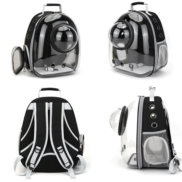 A black pet carrier backpack with a transparent viewing window shown from multiple angles.
